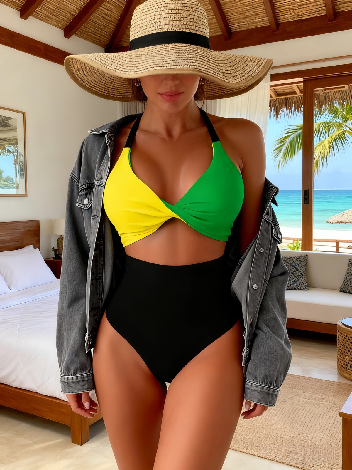 Color Block High Waist Solid One-Piece Swimsuit for Beachwear