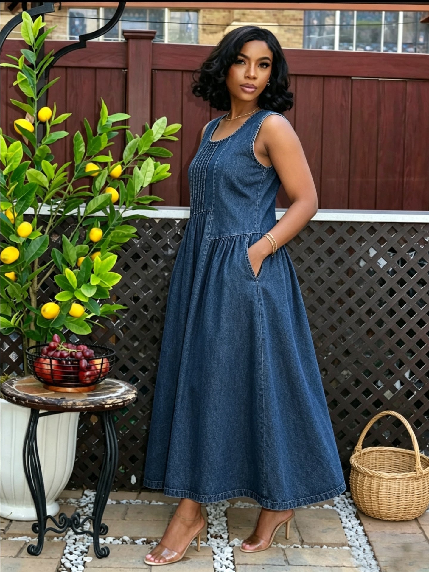 Pleated Sleeveless Denim Dress with Side Pockets for Casual Wear