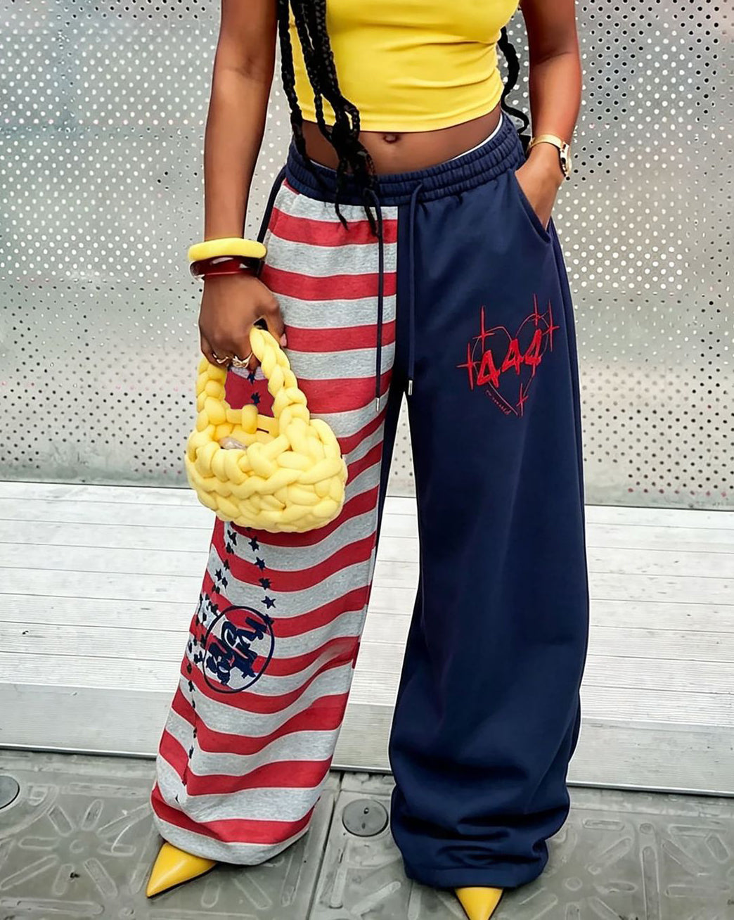 Striped Star Color-Block Letter-Embroidered Drawstring Sweatpants for Casual Wear