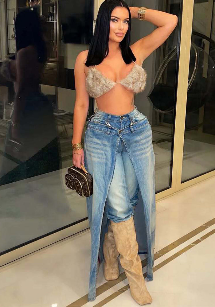 Faux Two-Piece Layered Gradient Distressed Wide-Leg Pants for Streetwear