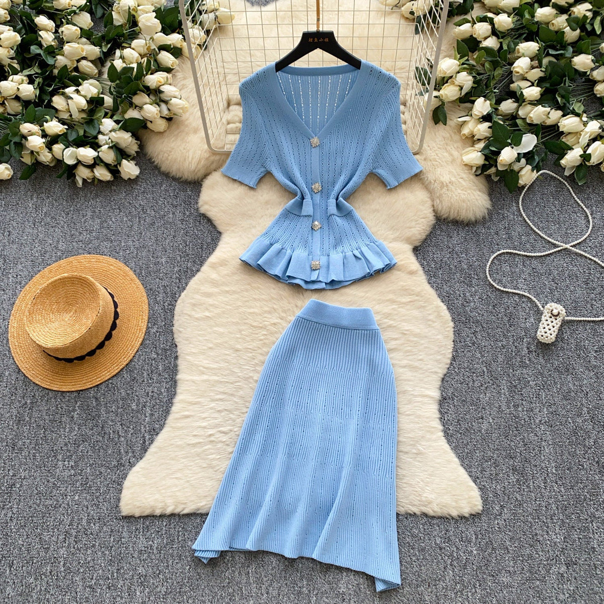 Knitted V-Neck Ruffle Detail Two-Piece Skirt Set for Summer Career Wear