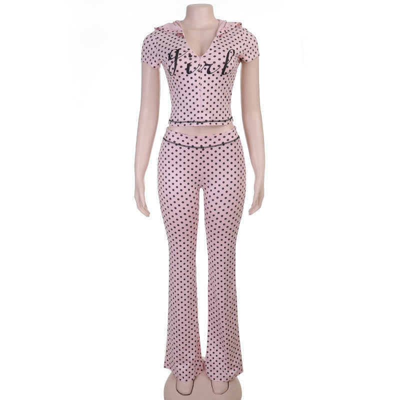 Polka Dot Short-Sleeve Zip-Up Pants Set for Summer Casual