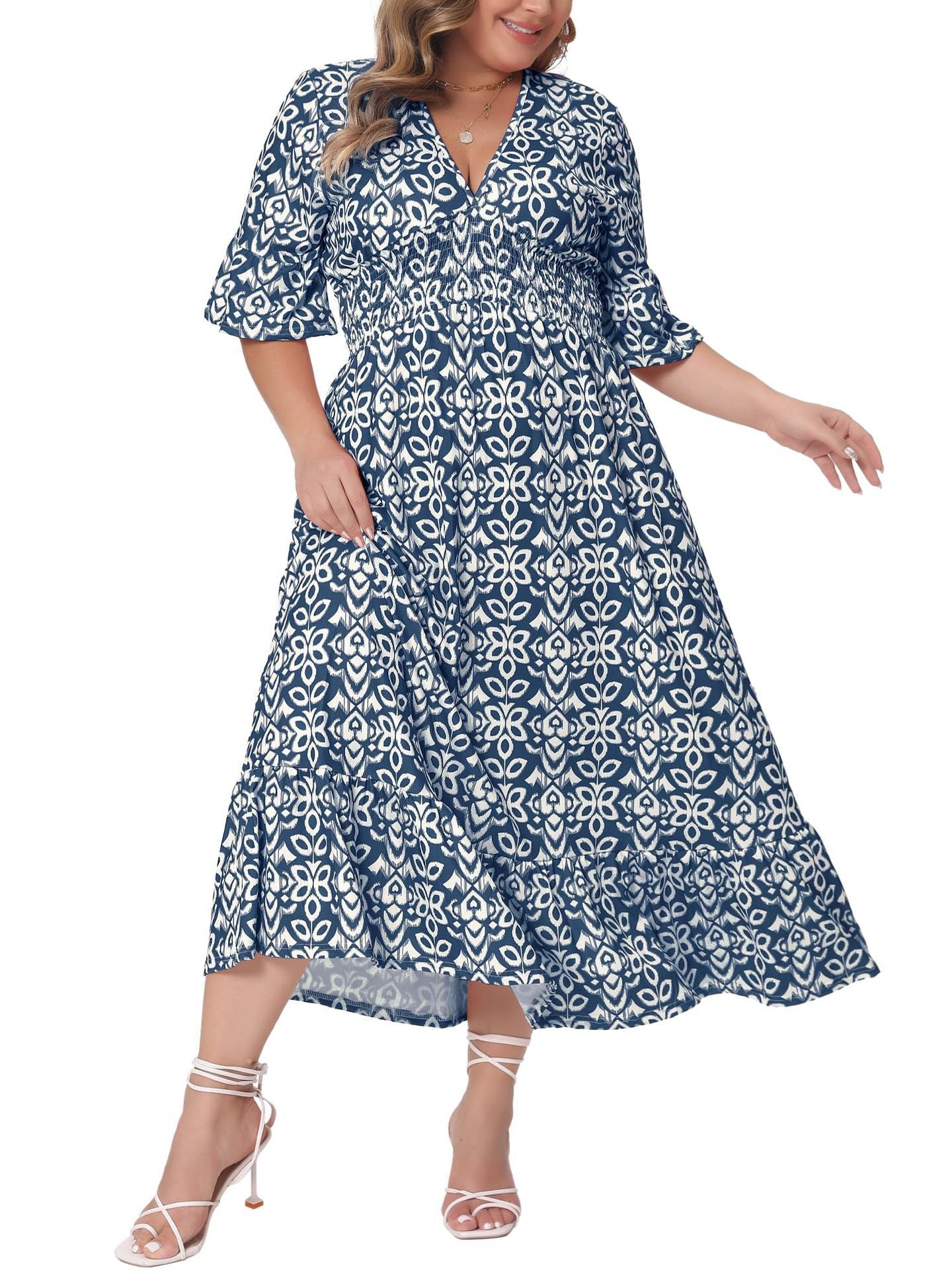 Plus Size Printed Short-Sleeve Maxi Dress for Casual Wear