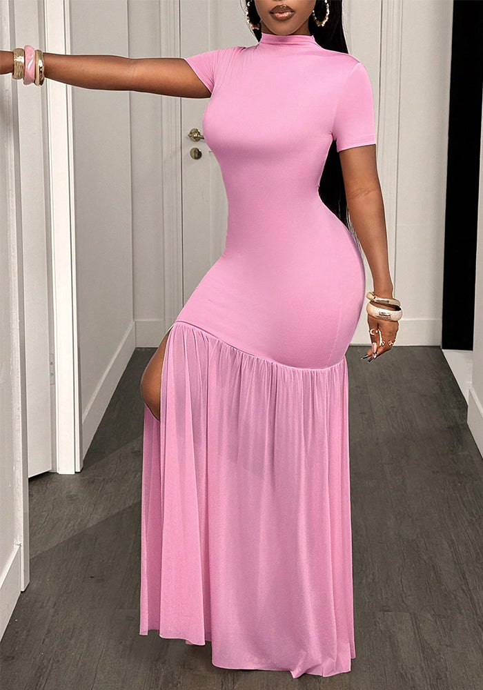 Mock Neck Short Sleeve Tassel Slit Long Dress for Parties