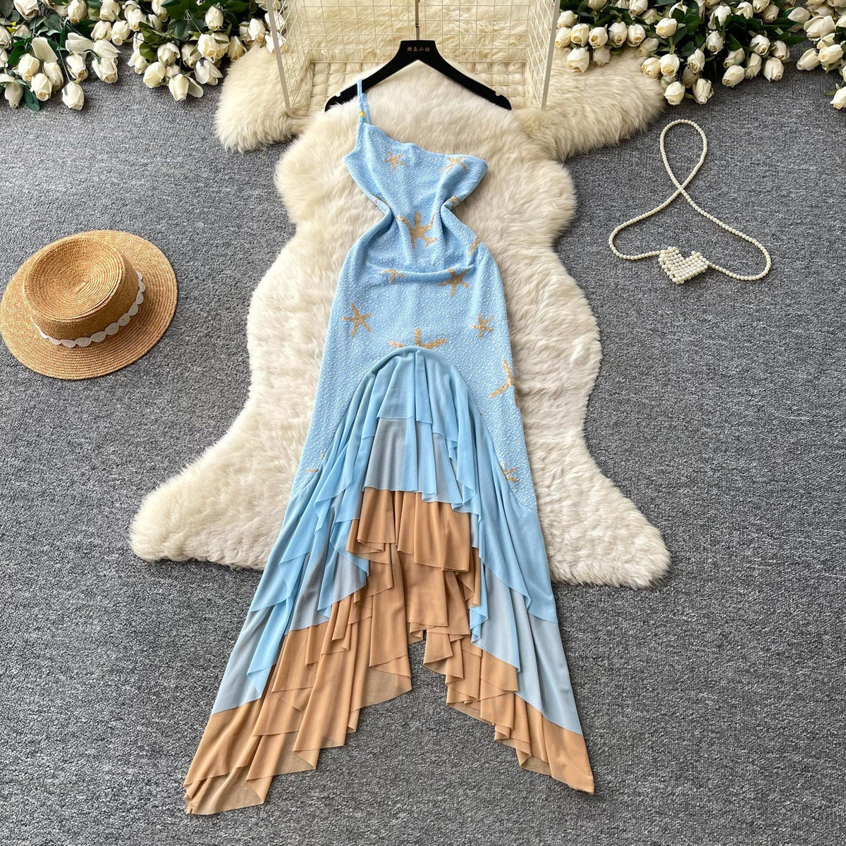 Slash Shoulder Spaghetti Strap Gradient Irregular Mermaid Hem Dress for Summer Holidays
