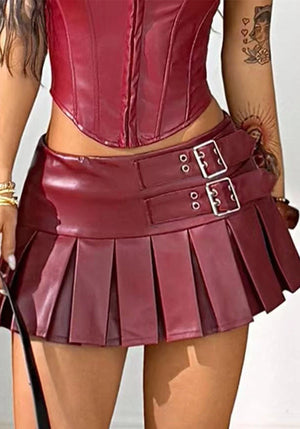 Burgundy PU Leather Pleated Low Waist Buckle Mini Skirt for Clubwear
