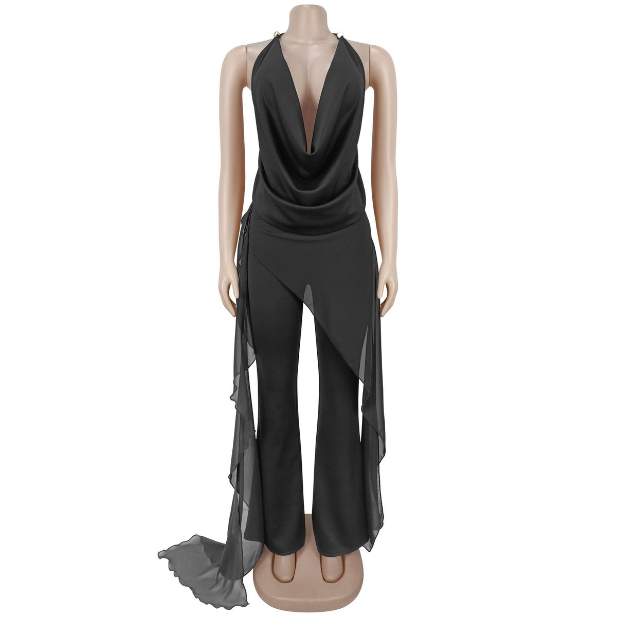 Halter Cowl Neck Irregular Tassel Top & Wide Leg Pants Set for Casual Wear