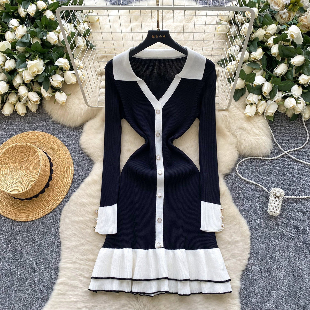 Color-Block Polo Collar Long Sleeve Ruffle Trim Dress