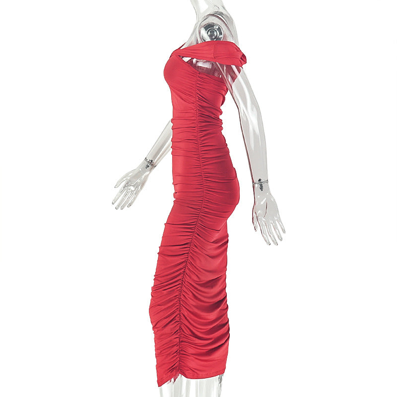 Slash Shoulder Sleeveless Bodycon Long Dress for Career Wear