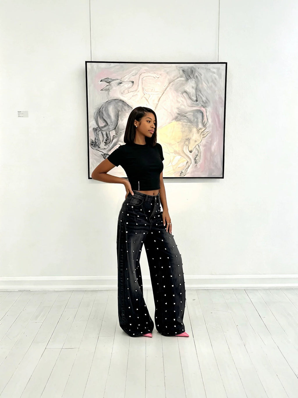 Washed Studded Loose-Fit Wide-Leg Denim Pants for Streetwear