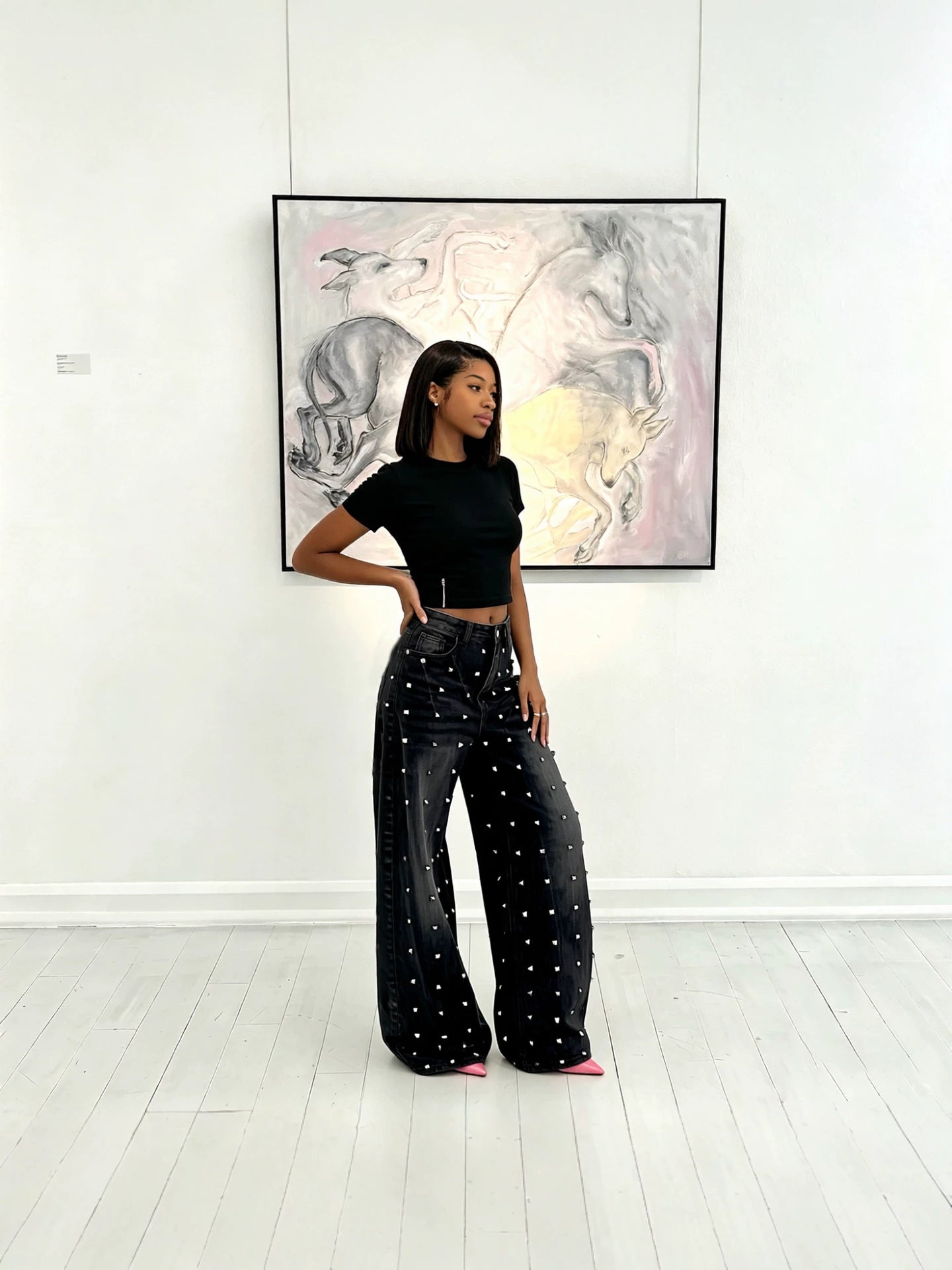 Washed Studded Loose-Fit Wide-Leg Denim Pants for Streetwear