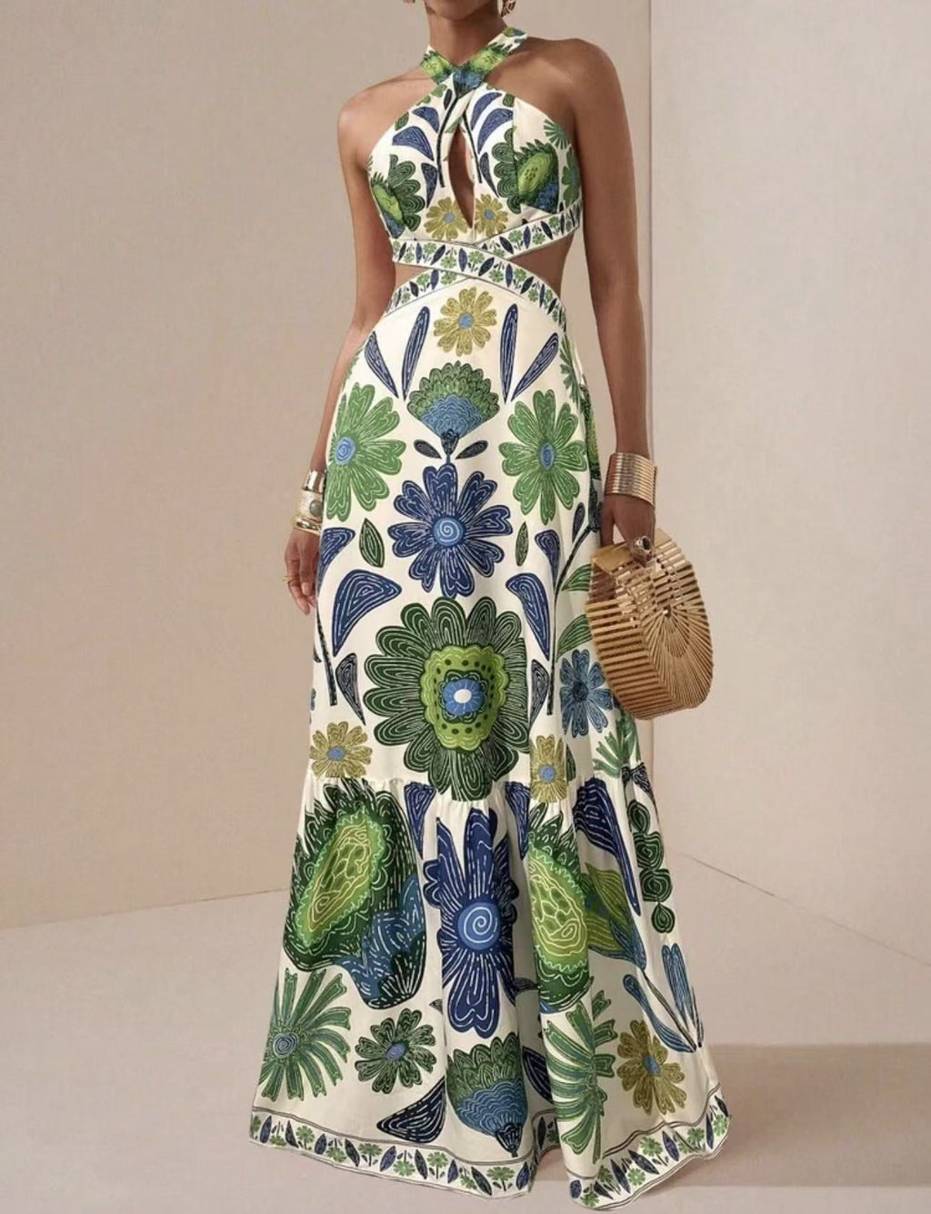 Printed Halter Bohemian Maxi Dress for Summer Vacations
