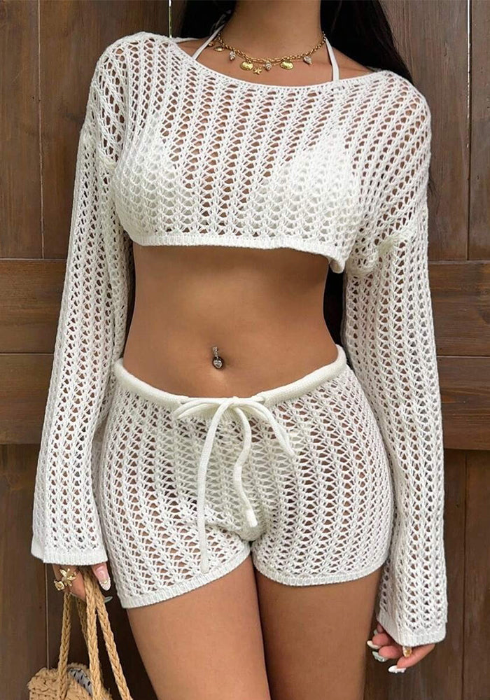 Solid Knitted Hollow-Out Cover-Up Two-Piece Swimsuit Set for Beachwear