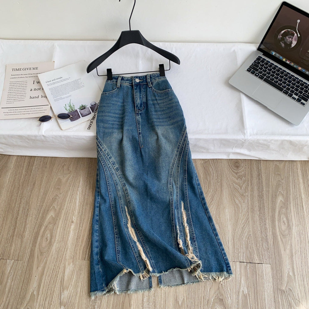 Raw-Edge Ripped Mermaid Denim Skirt for Summer Streetwear