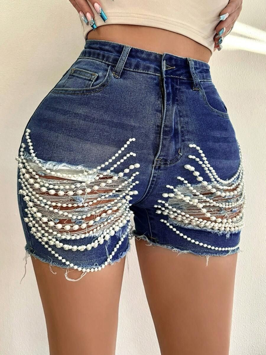 High Waist Slim Fit Ripped Beaded Denim Shorts for Summer Streetwear