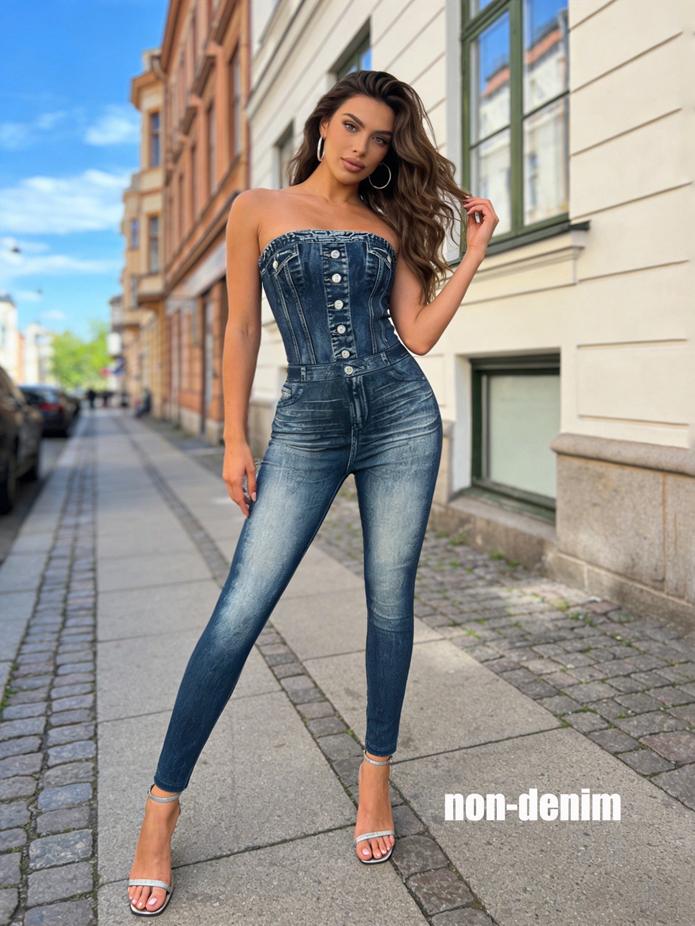 Denim Pattern Printed Slim Stretch Overall Jumpsuit for Spring & Summer Casual