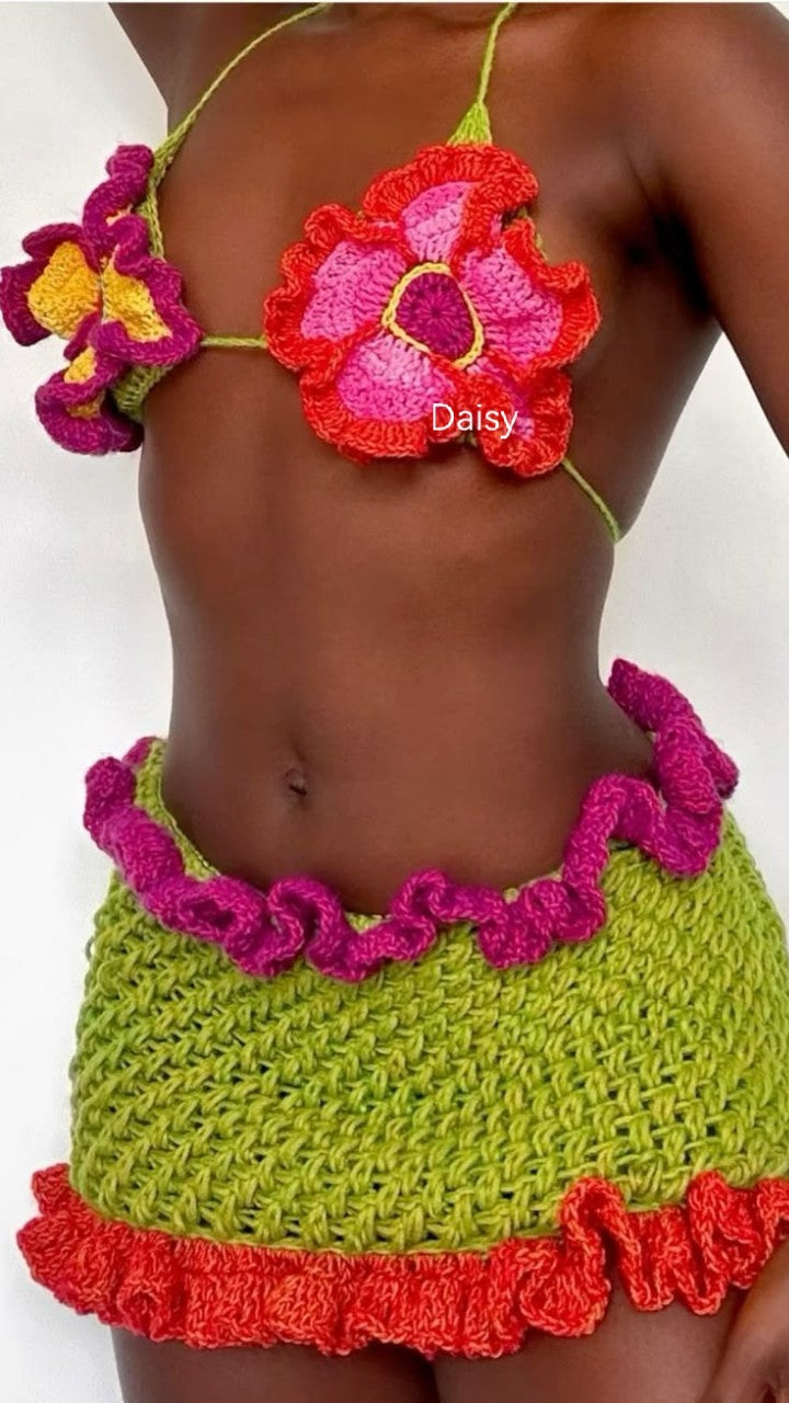 Knitted Bikini Ruffle-Edge Swimsuit Two-Piece Set for Beachwear