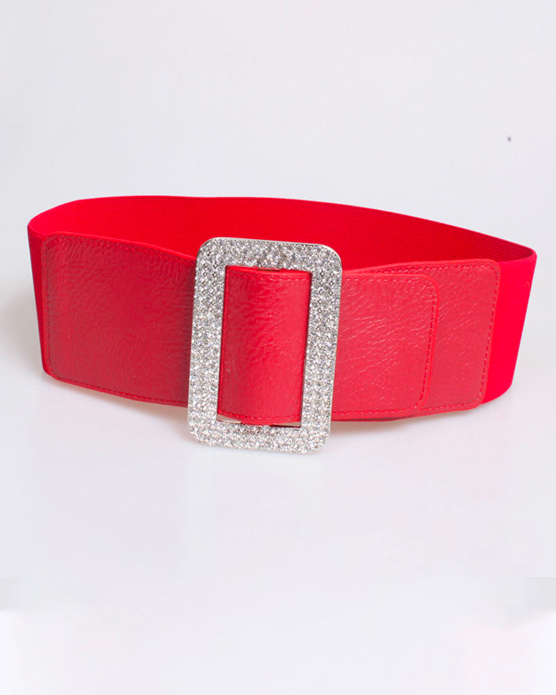 Elastic Waist Bedazzled Crystal Buckle Belt Red