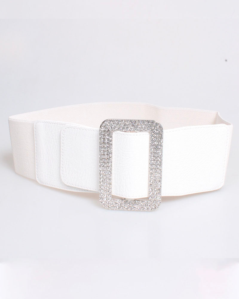 Elastic Waist Bedazzled Crystal Buckle Belt White