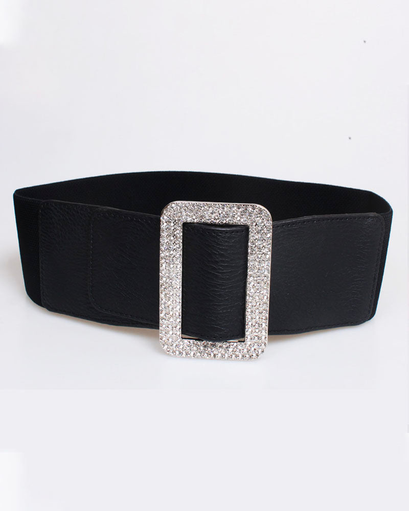 Elastic Waist Bedazzled Crystal Buckle Belt Black