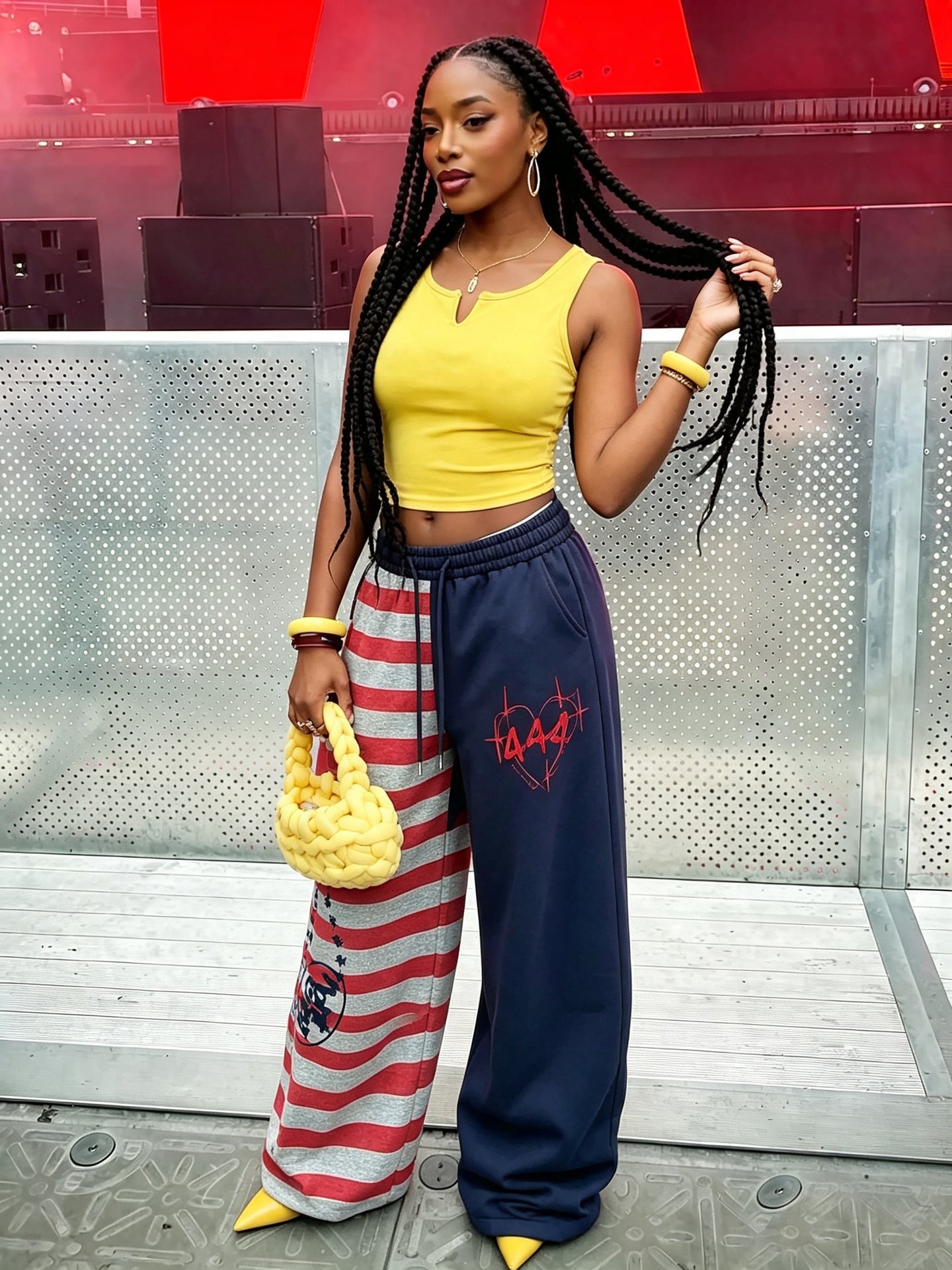 Striped Star Color-Block Letter-Embroidered Drawstring Sweatpants for Casual Wear