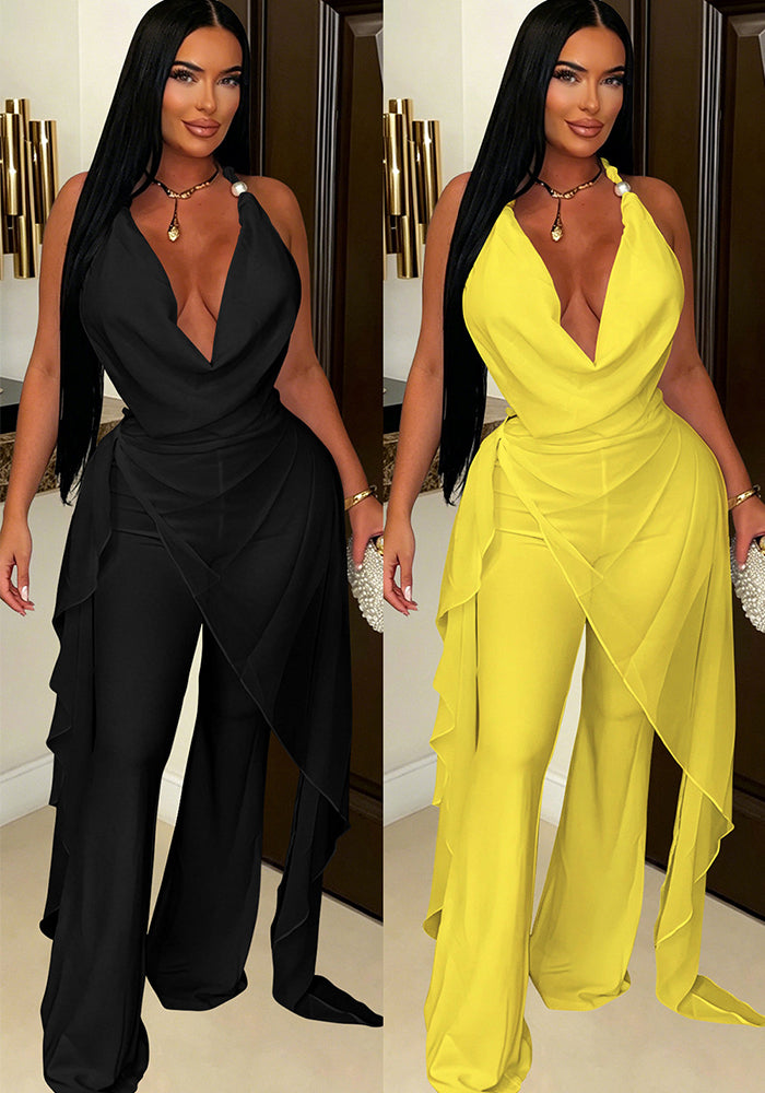 Halter Cowl Neck Irregular Tassel Top & Wide Leg Pants Set for Casual Wear