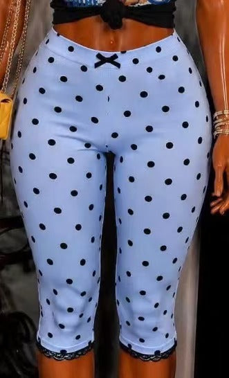 Polka Dot Print Lace Cropped Pants for Casual Wear