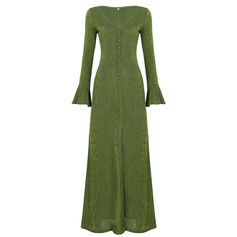Solid Deep V-Neck Button Front Bell Sleeve Slim Fit Maxi Dress for Formal Events