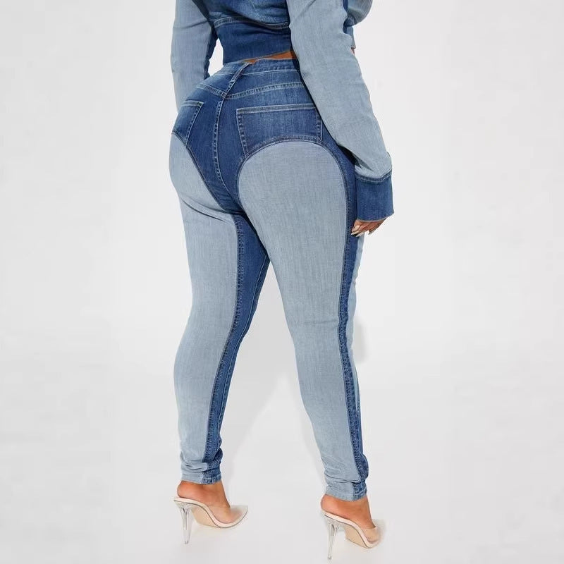 High Waist Washed Patchwork Skinny Denim Jeans for Casual Wear