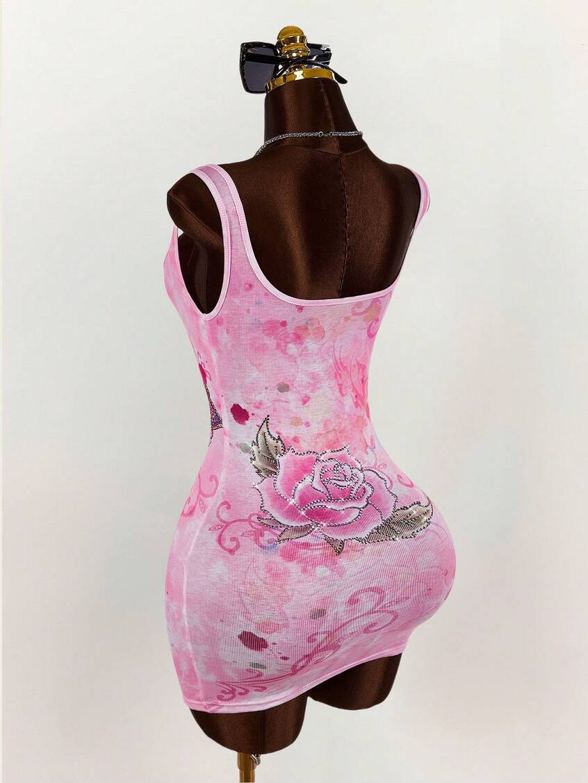 Pink Tie-Dye Beaded Cross Print Bodycon Dress for Party Wear
