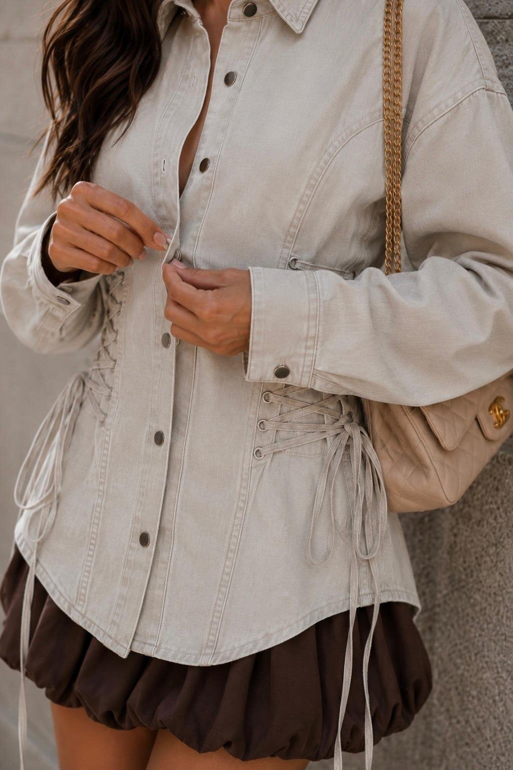 Lace-Up Slim Waist Turndown Collar Long Sleeve Cropped Denim Shirt for Casual Wear