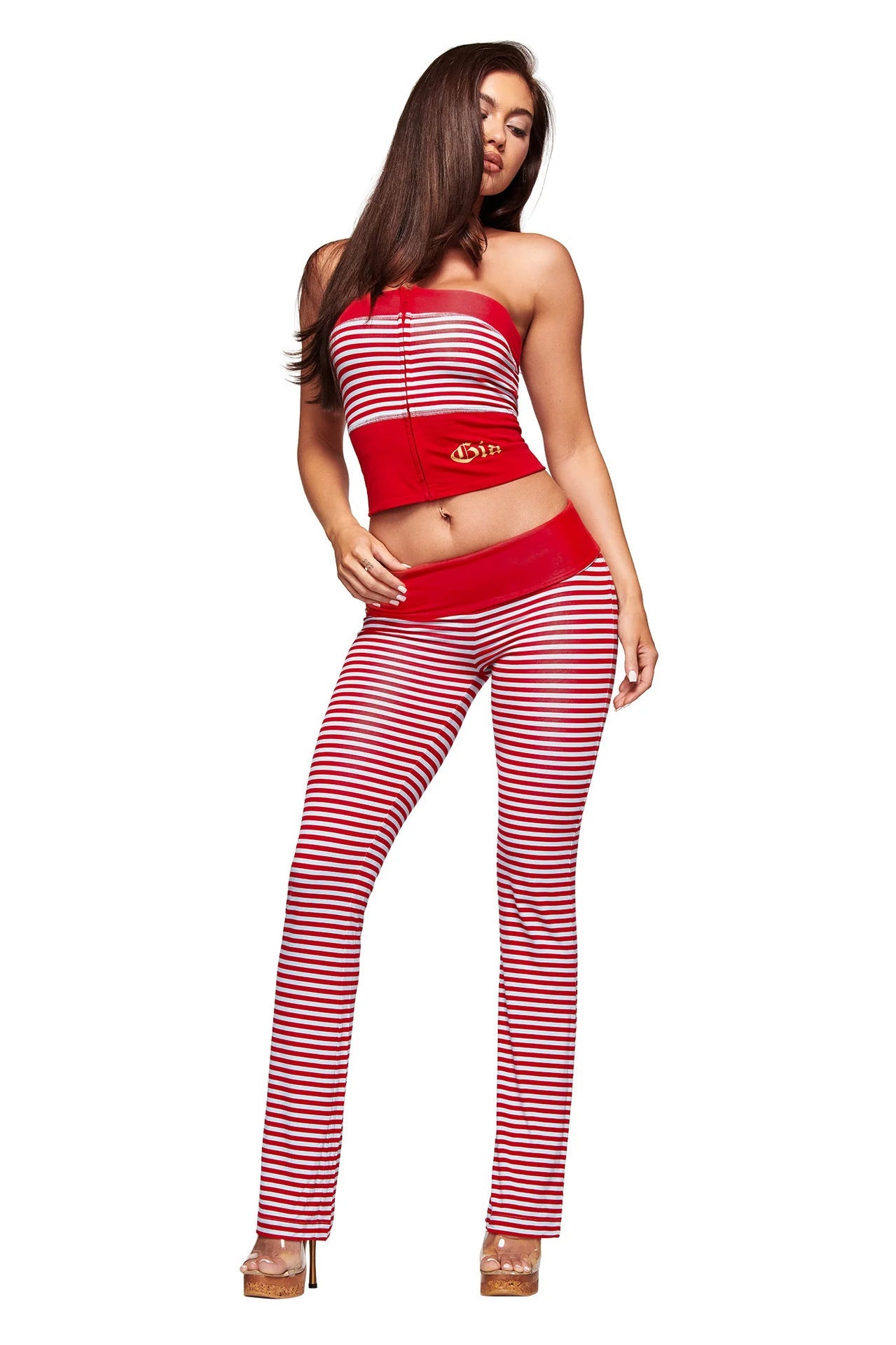 Striped Printed Stretchy Strapless Tank Top & Long Pants Set for Clubwear