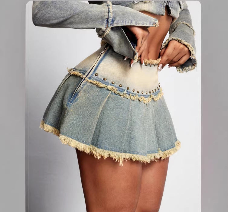Raw Edge Denim Midi Skirt for Summer Casual Streetwear