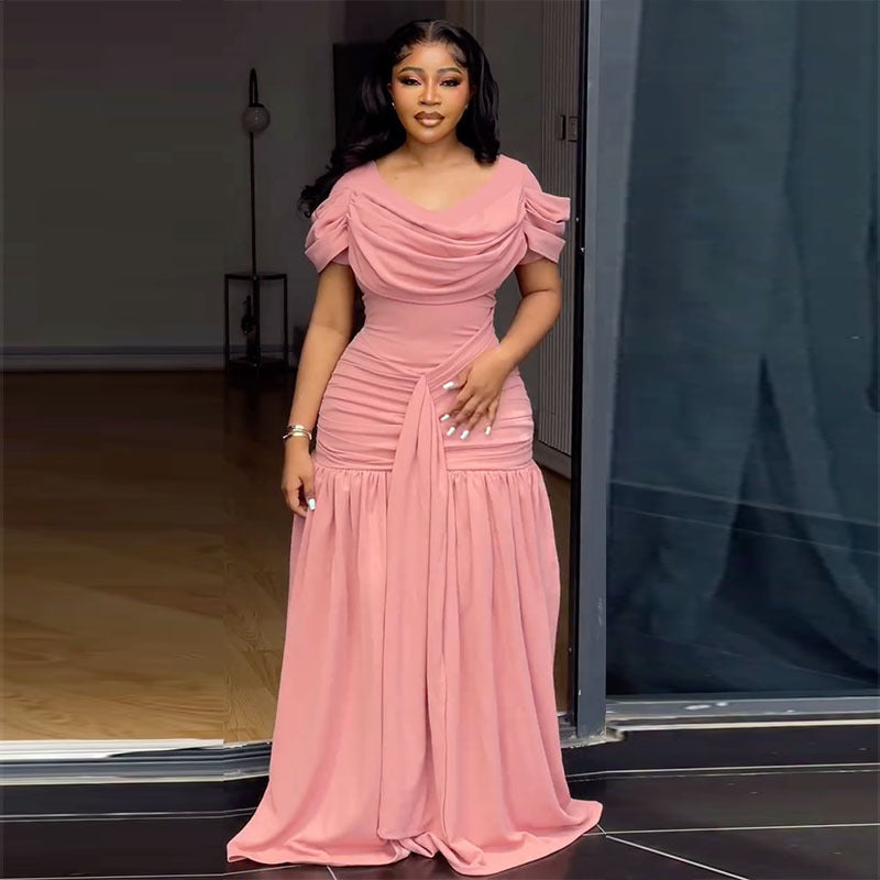 Solid Ruched Flare Maxi Dress for Autumn