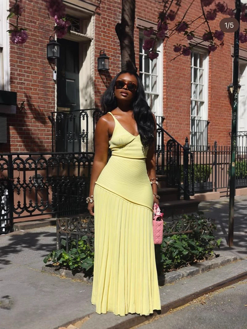 V-Neck Cami Top & Pleated Skirt Two-Piece Set for Summer