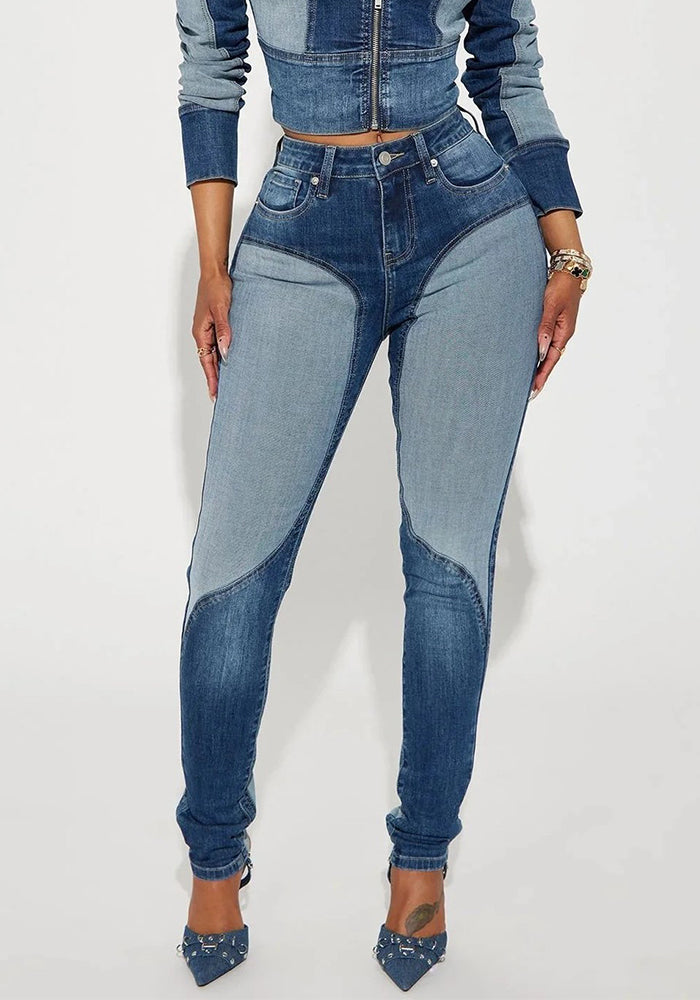 High Waist Washed Patchwork Skinny Denim Jeans for Casual Wear