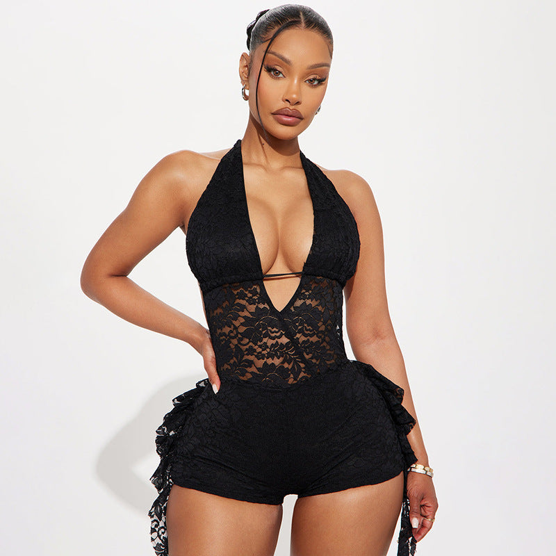 Solid Lace Patchwork Halter Neck Low Back Ruffle Jumpsuit for Party Wear
