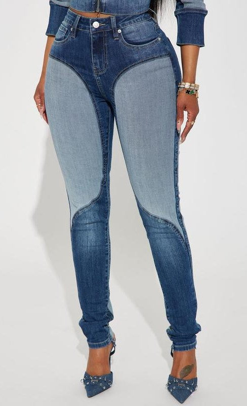 High Waist Washed Patchwork Skinny Denim Jeans for Casual Wear