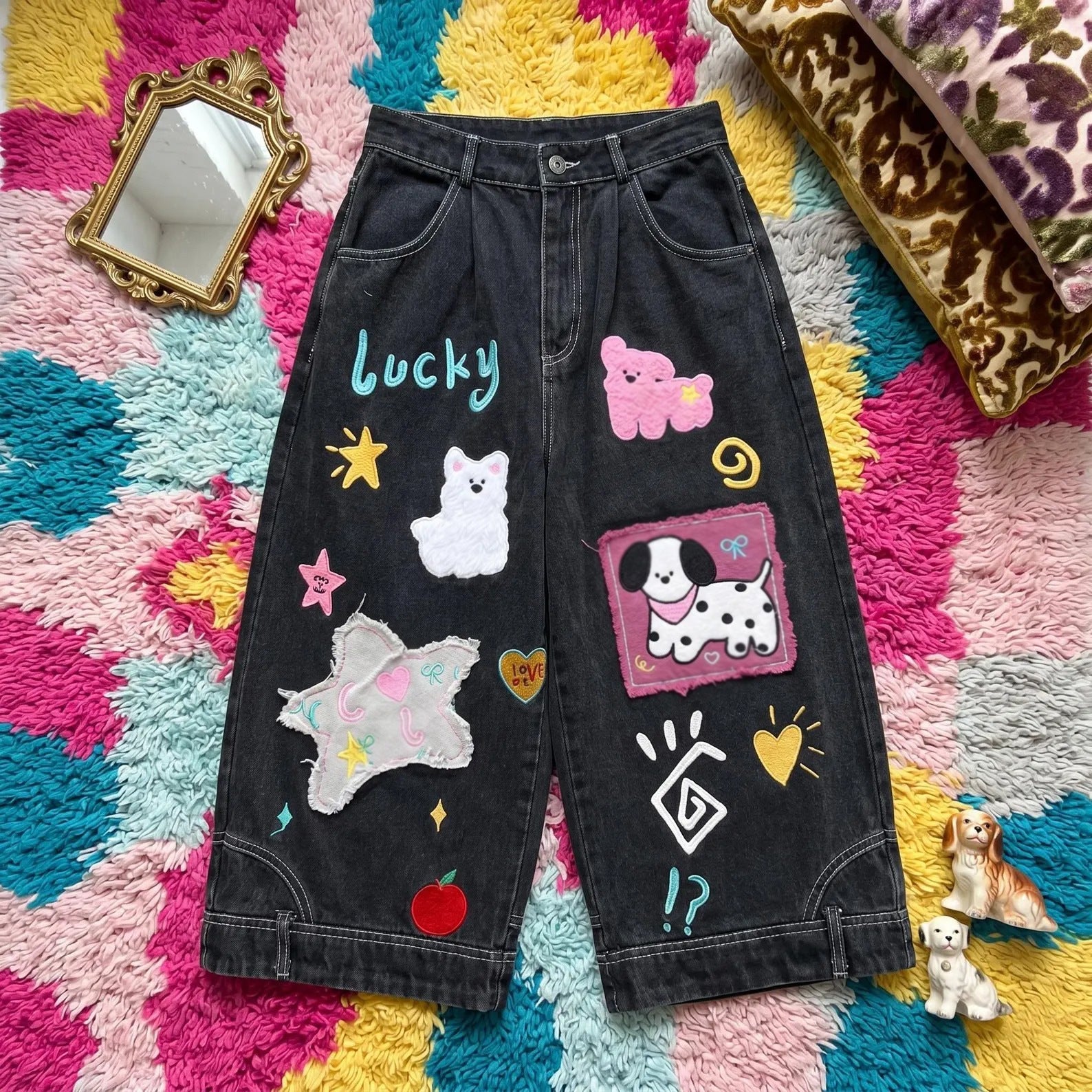 Puppy Cartoon Embroidered Capri Denim Pants for Casual Streetwear