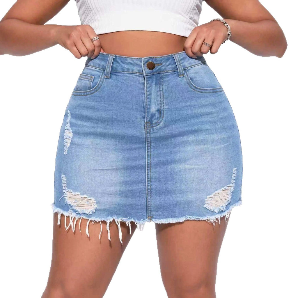 Ripped Washed Denim Skirt for Summer Casual Wear