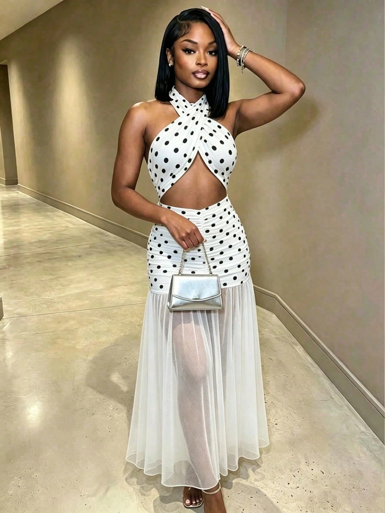 Polka Dot Mesh See-Through Halter Neck Maxi Dress for Beach Holidays