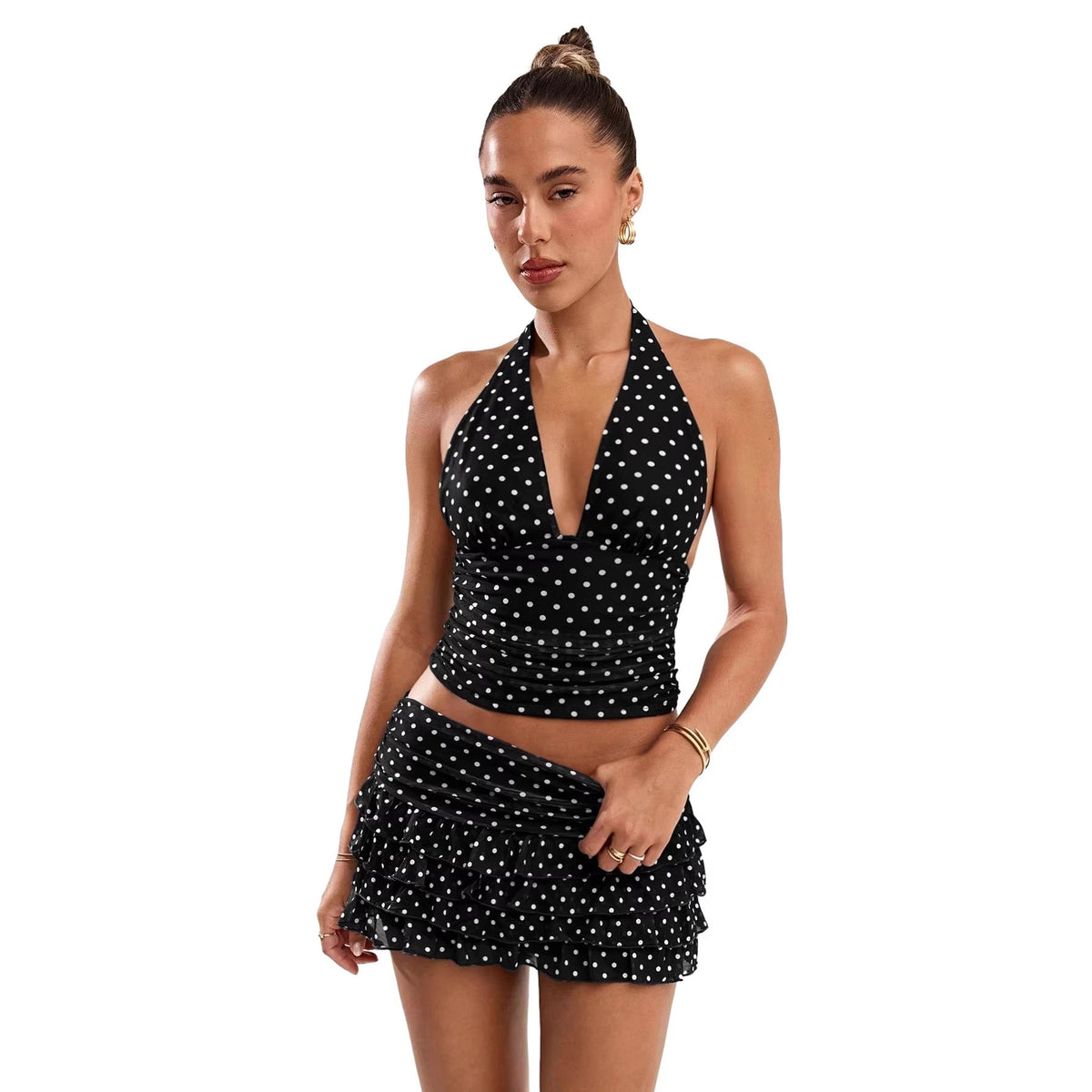 Polka Dot Halter Neck Top & Ruffle Edge Mini Skirt Set for Party Wear