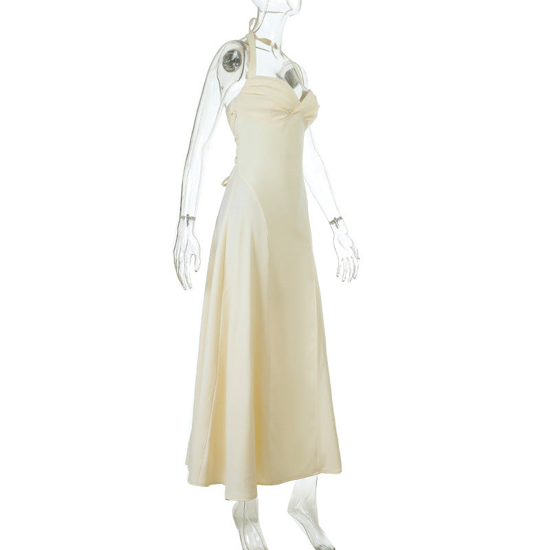 Solid Ruched Sleeveless Slim-Waist Strap Dress for Evening Events