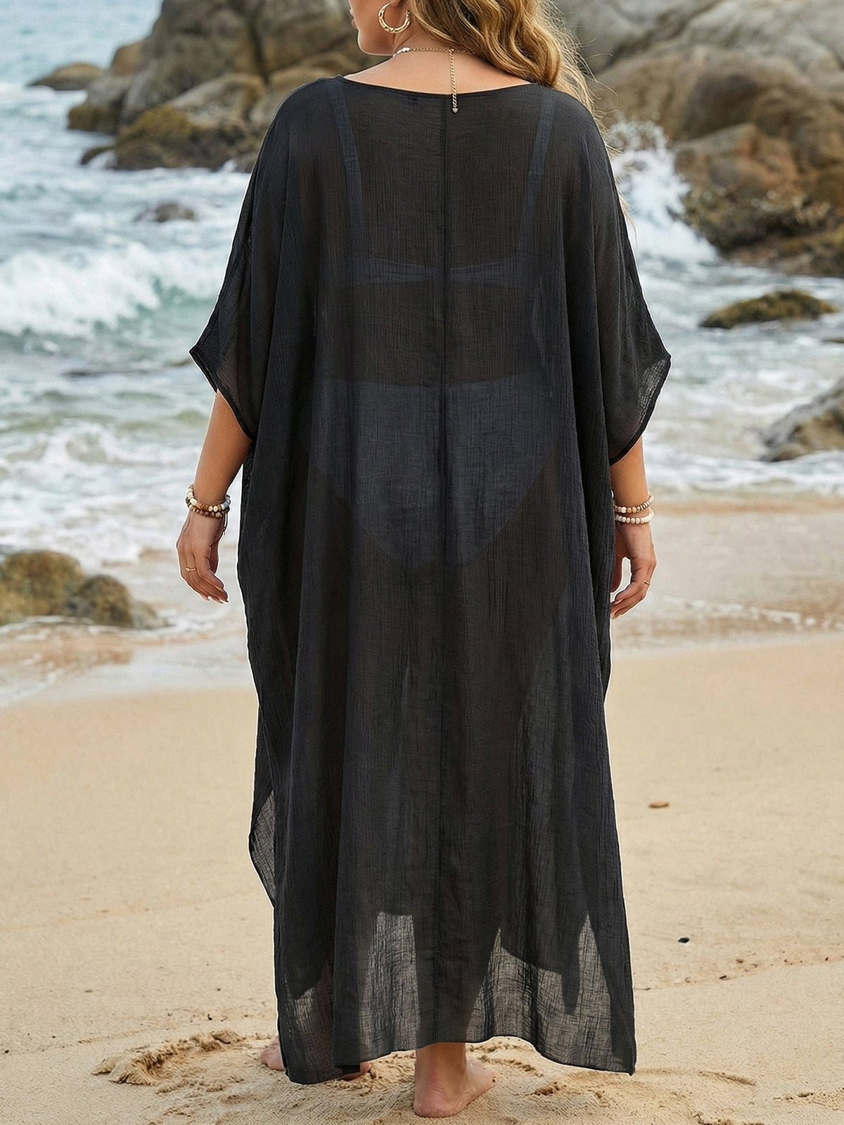 Plus Size V-Neck Loose Slit Beach Cover-Up Maxi Dress for Summer