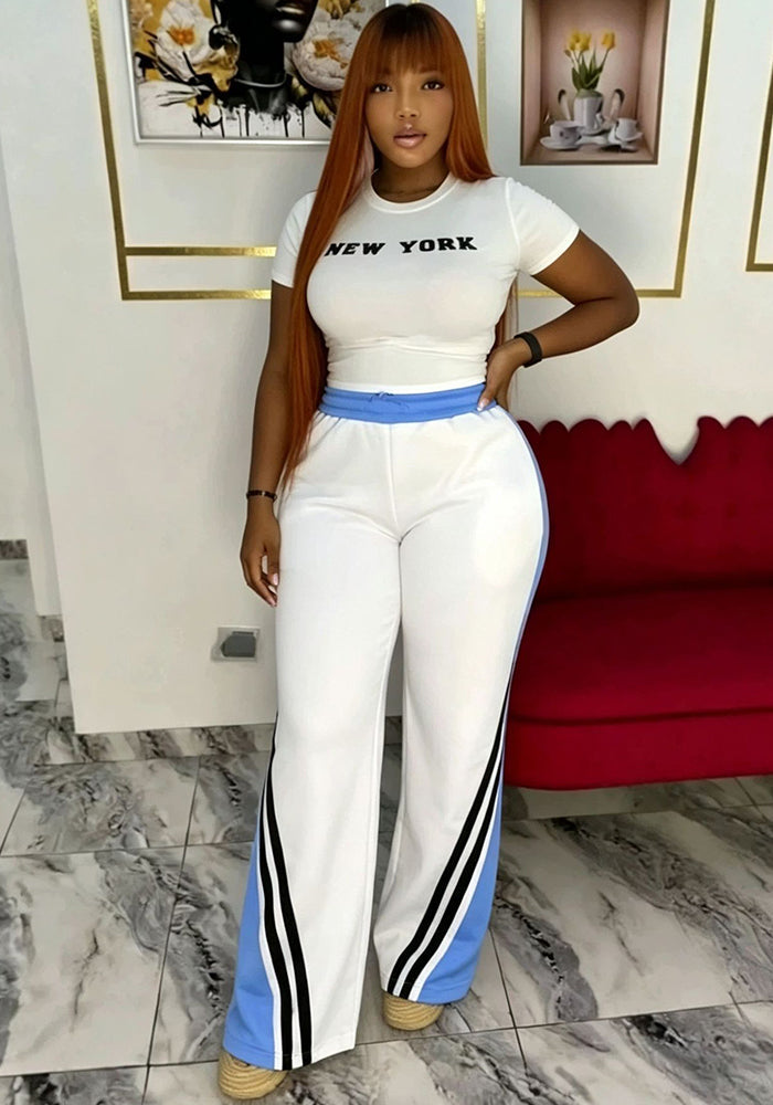 Color Block Stripe Trim Short Sleeve Top & Patchwork Pants Two-Piece Set for Summer