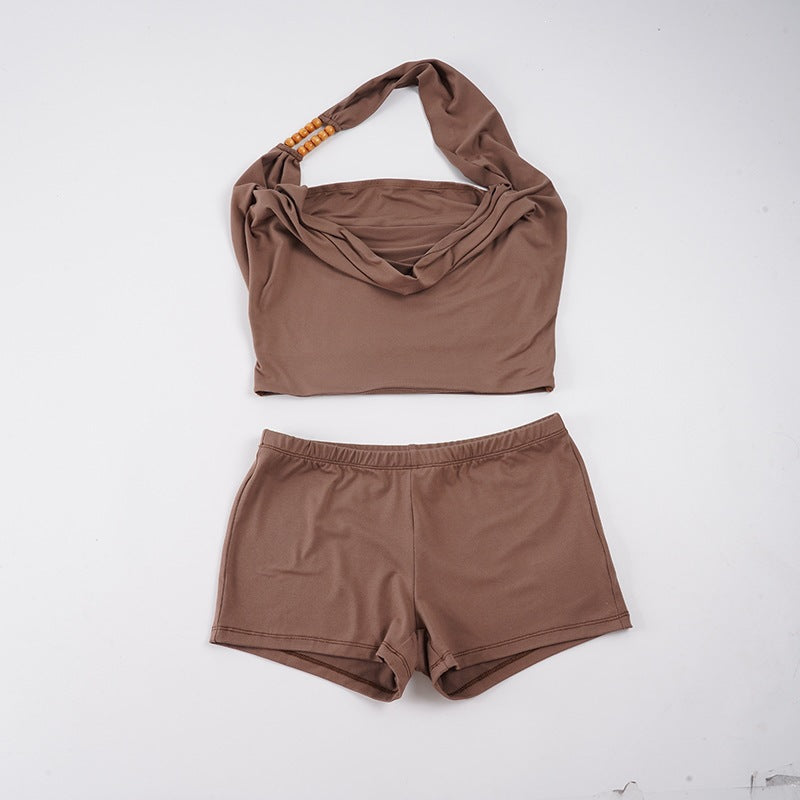 Backless Cowl Neck Beaded Halter Top & Shorts Set for Club Wear