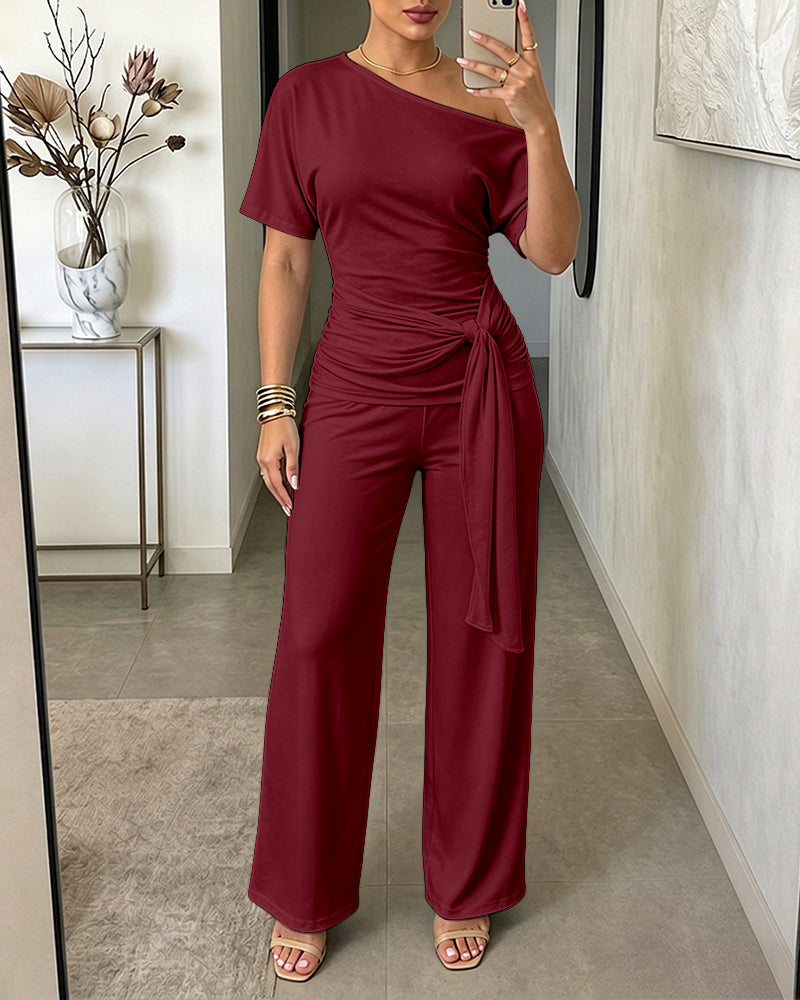 Slash-Shoulder Tie Top & Wide-Leg Pants Two-Piece Set