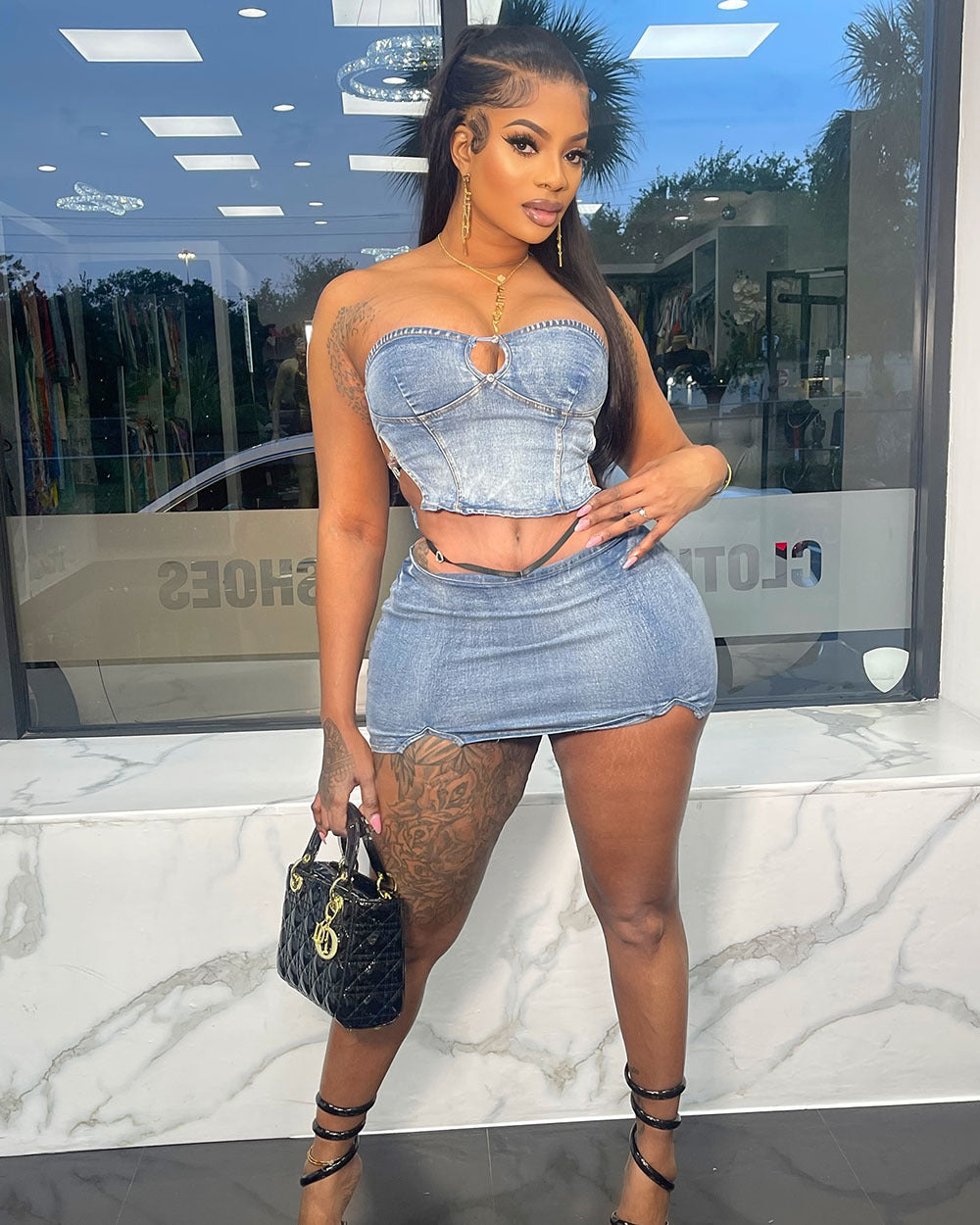 Strapless Denim Top & Slit Mini Skirt Set for Clubwear