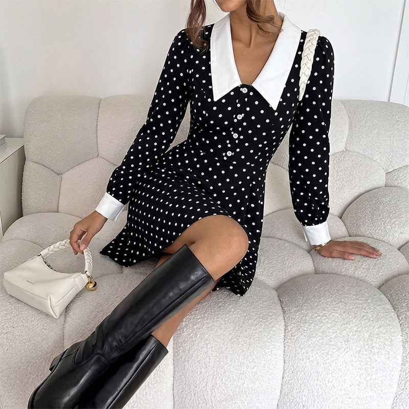Polka Dot Turndown Collar Dress for Autumn Formal Events