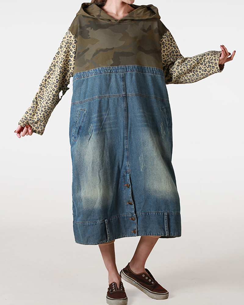 Around the Way Denim Hoodie Dress One Size Fits up to 1XL camo-denim-leopard